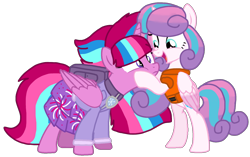 Size: 1604x1009 | Tagged: safe, artist:徐詩珮, imported from derpibooru, princess flurry heart, oc, oc:bubble sparkle, pony, bubbleverse, series:sprglitemplight diary, series:sprglitemplight life jacket days, series:springshadowdrops diary, series:springshadowdrops life jacket days, alternate universe, base used, clothes, cousins, female, magical lesbian spawn, magical threesome spawn, multiple parents, next generation, offspring, older, older flurry heart, parent:glitter drops, parent:spring rain, parent:tempest shadow, parent:twilight sparkle, parents:glittershadow, parents:sprglitemplight, parents:springdrops, parents:springshadow, parents:springshadowdrops, simple background, transparent background