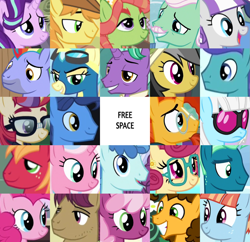 Size: 1435x1390 | Tagged: safe, edit, edited screencap, editor:jaredking203, imported from derpibooru, screencap, big macintosh, bow hothoof, braeburn, cheerilee, cheese sandwich, clear sky, daring do, firelight, gentle breeze, misty fly, moondancer, night light, open skies, party favor, photo finish, pinkie pie, posey shy, sky stinger, snap shutter, starlight glimmer, sunburst, tree hugger, twilight velvet, windy whistles, earth pony, pegasus, pony, unicorn, bingo, clothes, female, male, mare, stallion, uniform, wonderbolts uniform