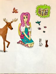 Size: 1463x1943 | Tagged: safe, artist:martialarts2003, imported from derpibooru, fluttershy, oc, oc:grimoire, bird, butterfly, deer, rabbit, equestria girls, animal, black clover, book, crossover, magic, magic knight, spellbook, traditional art, wings