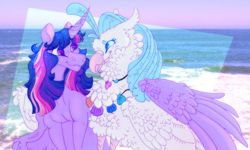 Size: 2581x1549 | Tagged: safe, artist:kazoowary, imported from derpibooru, princess skystar, twilight sparkle, alicorn, classical hippogriff, hippogriff, pony, my little pony: the movie, female, fluffy, hug, interspecies, lesbian, shipping, twilight sparkle (alicorn), twistar, winghug