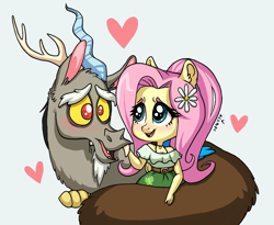 Size: 2048x1680 | Tagged: safe, artist:ameliacostanza, imported from derpibooru, discord, fluttershy, anthro, draconequus, chibi, discoshy, female, gray background, heart, male, shipping, simple background, straight