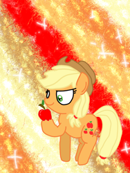 Size: 1080x1440 | Tagged: safe, artist:crossovercartoons, imported from derpibooru, applejack, earth pony, pony, abstract background, aj day, apple, applejack's hat, cowboy hat, cute, food, hat, looking down, obligatory apple, solo, sparkles