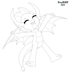 Size: 2400x2500 | Tagged: safe, artist:biocrine, imported from derpibooru, smolder, dragon, arms wide open, bronytober, eyes closed, monochrome, open mouth, simple background, sketch, solo, white background