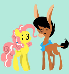 Size: 639x682 | Tagged: safe, artist:miss-zi-zi, imported from derpibooru, oc, oc:ascot, oc:cream cheese, donkey, earth pony, pony, :3, >:[=, annoyed, ascot, blue background, female, male, mare, offspring, parent:cheese sandwich, parent:pinkie pie, parents:cheesepie, simple background