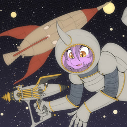 Size: 2000x2000 | Tagged: safe, artist:pony straponi, artist:st. oni, imported from derpibooru, oc, oc only, oc:nebula eclipse, anthro, planet, raygun, rocket, science fiction, space, spaceship, spacesuit, stars