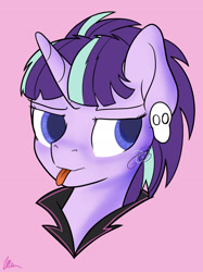 Size: 1802x2412 | Tagged: safe, artist:illumnious, imported from derpibooru, starlight glimmer, pony, unicorn, alternate hairstyle, bust, clothes, ear piercing, earring, edgelight glimmer, gameloft, glimmer goth, goth, jewelry, piercing, portrait, punk, skull, solo, tongue out