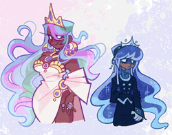 Size: 1280x1006 | Tagged: safe, artist:hoaxghost, imported from derpibooru, princess celestia, princess luna, human, alternate hairstyle, breasts, busty princess celestia, clothes, crown, dark skin, dress, duo, ear piercing, earring, female, gloves, humanized, jewelry, necklace, piercing, regalia, ring, royal sisters, shirt, siblings, sisters, suit