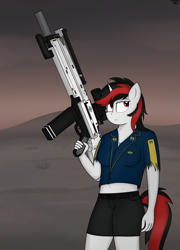 Size: 3600x5000 | Tagged: safe, artist:marusya, artist:schwarzesskreuz, imported from derpibooru, oc, oc only, oc:blackjack, anthro, unicorn, fallout equestria, fallout equestria: project horizons, fanfic art, gun, horn, solo, weapon