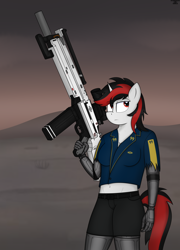 Size: 3600x5000 | Tagged: safe, artist:marusya, artist:schwarzesskreuz, imported from derpibooru, oc, oc only, oc:blackjack, anthro, cyborg, unicorn, fallout equestria, fallout equestria: project horizons, amputee, fanfic art, gun, horn, prosthetic limb, prosthetics, solo, weapon