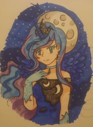 Size: 1280x1753 | Tagged: safe, artist:mewa--chu, imported from derpibooru, princess luna, human, alicorn humanization, anime style, female, horn, horned humanization, humanized, moon, solo, traditional art, winged humanization, wings