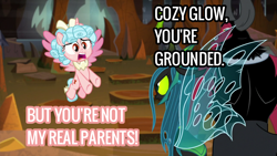 Size: 1920x1080 | Tagged: safe, edit, edited screencap, imported from derpibooru, screencap, cozy glow, lord tirek, queen chrysalis, the ending of the end, grounded, mommy chrissy, punishment, text