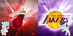 Size: 2500x1264 | Tagged: safe, artist:rapmlpandbttffan23, imported from derpibooru, cozy glow, rumble, basketball, deviantart, los angeles lakers, miami heat, nba, sports, wat