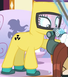 Size: 1162x1319 | Tagged: safe, imported from derpibooru, screencap, aloe, yona, earth pony, pony, yak, she's all yak, bath, bathing, bubble, cropped, female, foam, hazmat suit, implied rarity, mare, scrubbing, soap, solo, suds