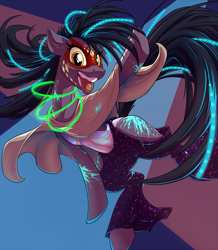 Size: 1595x1833 | Tagged: safe, artist:kalemon, imported from derpibooru, oc, oc only, oc:whisper step, earth pony, pony, abstract background, clothes, dancing, drugs, face paint, glowstick, paint, poncho, smiling, solo, space horse rpg, tongue out