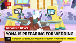 Size: 1280x720 | Tagged: safe, edit, imported from derpibooru, screencap, aloe, fluttershy, lotus blossom, yona, earth pony, yak, she's all yak, bath, bathing, break your own news, breaking news, cute, foam, hazmat suit, implied rarity, scrubbing, soap, suds, yonadorable