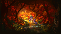 Size: 1920x1080 | Tagged: safe, artist:plainoasis, imported from derpibooru, princess celestia, alicorn, pony, beautiful, female, forest, forest background, horn, leaves, looking at you, looking back, mare, missing accessory, multicolored hair, multicolored mane, painting, path, pink eyes, plant, puddle, reflection, rock, scenery, scenery porn, solo, stone, sunlight, trail, tree, tree branch, walking, water