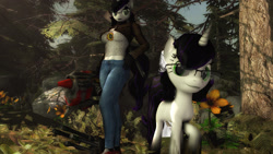 Size: 2560x1440 | Tagged: safe, artist:artempredator, imported from derpibooru, oc, oc:silver predator, anthro, pony, unicorn, 3d, anthro ponidox, female, glasses, mare, solo, tree