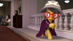 Size: 3840x2160 | Tagged: safe, artist:seriff-pilcrow, imported from derpibooru, a.k. yearling, daring do, doctor caballeron, changeling, earth pony, pegasus, pony, 3d, casino, cloak, clothes, hat, knife, radio, source filmmaker, walkie talkie