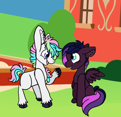 Size: 1392x1350 | Tagged: safe, artist:greyestgray, imported from derpibooru, oc, oc only, oc:calvary troop, oc:matrix opal, earth pony, pegasus, pony, colt, magical lesbian spawn, male, offspring, parent:tempest shadow, parent:twilight sparkle, parents:tempestlight