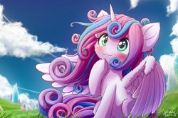 Size: 1800x1200 | Tagged: safe, artist:symbianl, imported from derpibooru, princess flurry heart, alicorn, pony, :3, blushing, cute, female, fluffy, flurrybetes, older, older flurry heart, scenery, sitting, smiling, solo, spread wings, windswept mane, wings