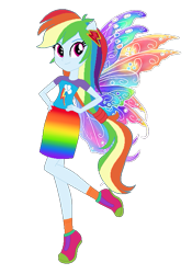 Size: 457x654 | Tagged: safe, artist:selenaede, artist:user15432, imported from derpibooru, rainbow dash, fairy, human, equestria girls, base used, clothes, colored wings, cutie mark, cutie mark on clothes, dress, element of loyalty, fairy wings, fairyized, gradient clothes, gradient wings, hand on hip, hands on hip, multicolored wings, pink shoes, ponied up, rainbow, rainbow dress, rainbow wings, shoes, simple background, sneakers, solo, transparent background, wings