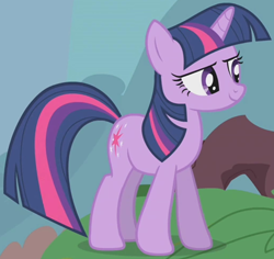 Size: 1078x1017 | Tagged: safe, imported from derpibooru, screencap, twilight sparkle, pony, unicorn, season 1, winter wrap up, cropped, female, lidded eyes, mare, smiling, solo, unicorn twilight