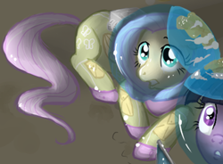 Size: 1082x797 | Tagged: dead source, safe, artist:elenaboosy, imported from derpibooru, fluttershy, twilight sparkle, unicorn, astronaut, clothes, cropped, earth, flag, planet, reflection, solo focus, space, spacesuit, unicorn twilight