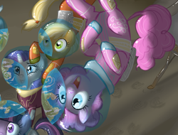 Size: 1684x1281 | Tagged: dead source, safe, artist:elenaboosy, imported from derpibooru, applejack, fluttershy, pinkie pie, rainbow dash, rarity, twilight sparkle, unicorn, astronaut, astronaut pinkie, clothes, cropped, earth, flag, mane six, planet, reflection, space, spacesuit, trio focus, unicorn twilight