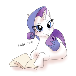 Size: 900x900 | Tagged: safe, artist:haden-2375, imported from derpibooru, rarity, pony, unicorn, blushing, book, cute, female, mare, raribetes, simple background, smiling, solo, white background