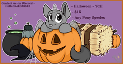 Size: 2148x1116 | Tagged: safe, artist:rokosmith26, imported from derpibooru, pony, advertisement, bubble, chibi, commission, halloween, hat, hay, hay bale, holiday, pot, pumpkin, simple background, solo, spider web, tongue out, witch hat, your character here