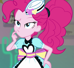 Size: 783x718 | Tagged: safe, imported from derpibooru, screencap, pinkie pie, coinky-dink world, eqg summertime shorts, equestria girls, :3, ;3, apron, clothes, cropped, cute, diapinkes, finger on mouth, hmm, server pinkie pie, solo, thinking, waitress