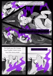 Size: 1600x2291 | Tagged: safe, artist:tillie-tmb, imported from derpibooru, oc, oc:tempest, pony, unicorn, comic:the amulet of shades, comic, dark magic, female, magic, mare, monochrome, neo noir, partial color