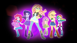 Size: 1920x1080 | Tagged: safe, imported from derpibooru, screencap, applejack, fluttershy, pinkie pie, rainbow dash, rarity, sci-twi, sunset shimmer, twilight sparkle, equestria girls, friendship games, balloon, boots, bracelet, closed captioning, clothes, cowboy boots, credits, female, high heel boots, humane five, humane six, jacket, jewelry, leather jacket, mane six, opening credits, pose, shoes, skirt, socks, tv rating