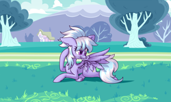 Size: 3600x2160 | Tagged: safe, artist:dsp2003, imported from derpibooru, cloudchaser, pegasus, pony, blushing, cloud, commission, cute, eye clipping through hair, feather, female, grooming, lying down, lying on the ground, mare, outdoors, ponyville, preening, prone, scrunchy face, solo