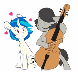 Size: 4096x3803 | Tagged: safe, artist:chub-wub, imported from derpibooru, dj pon-3, octavia melody, vinyl scratch, earth pony, pony, unicorn, alternate hairstyle, bipedal, bow (instrument), cello, chest fluff, cute, duo, ear piercing, earring, eyes closed, female, heart, jewelry, lesbian, mare, musical instrument, older, piercing, scratchtavia, shipping, simple background, sitting, tavibetes, vinylbetes, white background