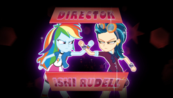 Size: 1920x1080 | Tagged: safe, imported from derpibooru, screencap, indigo zap, rainbow dash, equestria girls, friendship games, credits, female, ishi rudell, opening credits