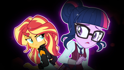 Size: 1920x1080 | Tagged: safe, imported from derpibooru, screencap, sci-twi, sunset shimmer, twilight sparkle, equestria girls, friendship games, credits, duo, friendship games song, glare, opening credits