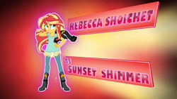 Size: 1920x1080 | Tagged: safe, imported from derpibooru, screencap, sunset shimmer, equestria girls, friendship games, boots, breasts, cleavage, clothes, credits, female, hasbro-sponsored official cleavage, high heel boots, jacket, leather jacket, looking at you, opening credits, rebecca shoichet, shoes, solo