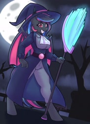 Size: 1528x2083 | Tagged: safe, artist:puetsua, imported from derpibooru, oc, oc only, oc:neon darksky, anthro, bat pony, belt, broom, clothes, halloween, hat, holiday, moon, night, science fiction, solo, sparkles, suit, witch, witch hat