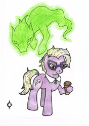 Size: 1188x1686 | Tagged: safe, artist:assertiveshypony, imported from derpibooru, grace manewitz, earth pony, ghost, ghost pony, pony, undead, clothes, coffee cup, cup, drawing, ghostbusters, glasses, pencil, simple background, slimer, traditional art, white background