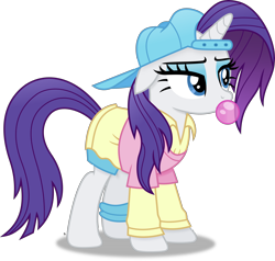 Size: 4300x4089 | Tagged: safe, artist:anime-equestria, imported from derpibooru, rarity, pony, unicorn, friendship university, '90s, alternate clothes, alternate hairstyle, backwards ballcap, baseball cap, blowing bubblegum, bubblegum, cap, clothes, costume, disguise, eyeshadow, fashion, female, food, gum, hat, horn, makeup, mare, plainity, shirt, simple background, solo, sweater, transparent background, vector