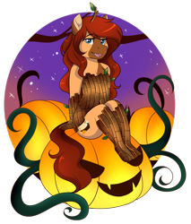 Size: 1585x1860 | Tagged: safe, artist:xwhitedreamsx, imported from derpibooru, oc, oc only, oc:honeypot meadow, anthro, earth pony, original species, timber pony, timber wolf, anthro oc, clothes, commission, costume, digital art, earth pony oc, female, halloween, holiday, jack-o-lantern, mare, nightmare night costume, pumpkin, simple background, sitting, smiling, solo, species swap, transparent background, ych result