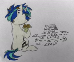 Size: 2048x1730 | Tagged: dead source, safe, artist:yaaaco, artist:yaco, imported from derpibooru, dj pon-3, vinyl scratch, pony, unicorn, alternate hairstyle, bouquet, broken, broken plate, ear piercing, earring, female, flower, jewelry, mare, memorial, message, piercing, record, rest in peace, sitting, solo, traditional art