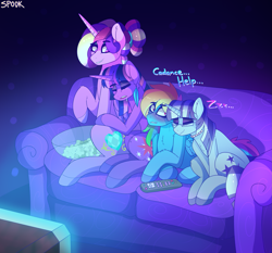 Size: 2133x1992 | Tagged: safe, artist:aaa-its-spook, imported from derpibooru, princess cadance, rainbow dash, twilight sparkle, twilight velvet, alicorn, pegasus, unicorn, blushing, couch, feather, food, glasses, implied lesbian, implied shipping, implied twidash, popcorn, remote, sleeping, television