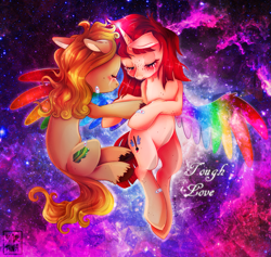 Size: 1267x1200 | Tagged: safe, artist:meqiopeach, imported from derpibooru, screencap, oc, oc only, alicorn, pony, unicorn, alicorn oc, bandaid, bandaid on nose, blushing, commission, couple, crying, ethereal mane, female, fluffy, full body, galaxy, hoof hold, horn, hug, love, magic, magic aura, male, mare, my little pony, plaster, rainbow, rainbow power, space, stallion, starry mane, stars, teary eyes, unicorn oc, wings