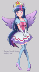 Size: 1374x2570 | Tagged: safe, artist:andekanata, imported from derpibooru, twilight sparkle, equestria girls, big crown thingy, clothes, element of magic, female, gray background, high heels, human coloration, jewelry, maid, ponied up, pony ears, regalia, shoes, simple background, socks, solo, thigh highs, wings