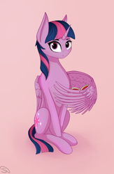 Size: 3120x4792 | Tagged: safe, artist:stravy_vox, artist:stravyvox, imported from derpibooru, twilight sparkle, alicorn, pony, book, female, high res, looking at you, mare, pink background, simple background, sitting, solo, twilight sparkle (alicorn), wing hands, wing hold, wings