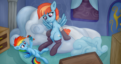 Size: 4096x2160 | Tagged: safe, artist:wellfugzee, derpibooru exclusive, imported from derpibooru, rainbow dash, windy whistles, pegasus, pony, bandage, bed, bedroom, clothes, female, filly, filly rainbow dash, socks, thigh highs, toy, younger