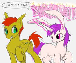 Size: 3728x3106 | Tagged: safe, artist:xbi, imported from derpibooru, oc, oc:alkarasu, oc:lapush buns, bat pony, pony, unicorn, bunny ears, bunnycorn, candle, dialogue, happy birthday, simple background, sketch, white background