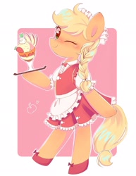 Size: 1579x2048 | Tagged: safe, artist:1drfl_world_end, imported from derpibooru, applejack, earth pony, pony, alternate hairstyle, apple slice, apron, bipedal, braid, clothes, cute, female, food, jackabetes, looking at you, maid, mare, one eye closed, pixiv, server, smiling, solo, strawberry, sundae, waitress, wink